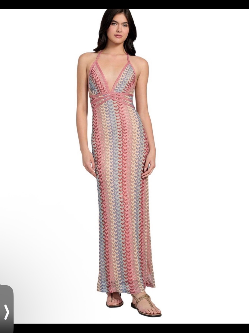 Pink Multi-Stripe Crochet Halter Maxi Dress